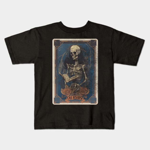 The Reader Distressed Skeleton Halloween Tarot Card Kids T-Shirt by DanielLiamGill